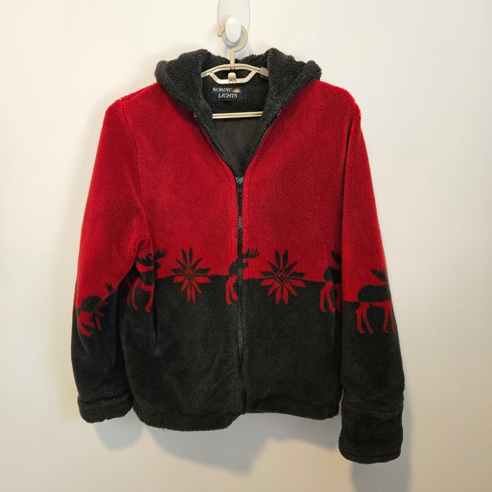 Nordic Lights Sherpa Fleece Hooded Jacket M Red Black Moose Snowflake Sweatshirt